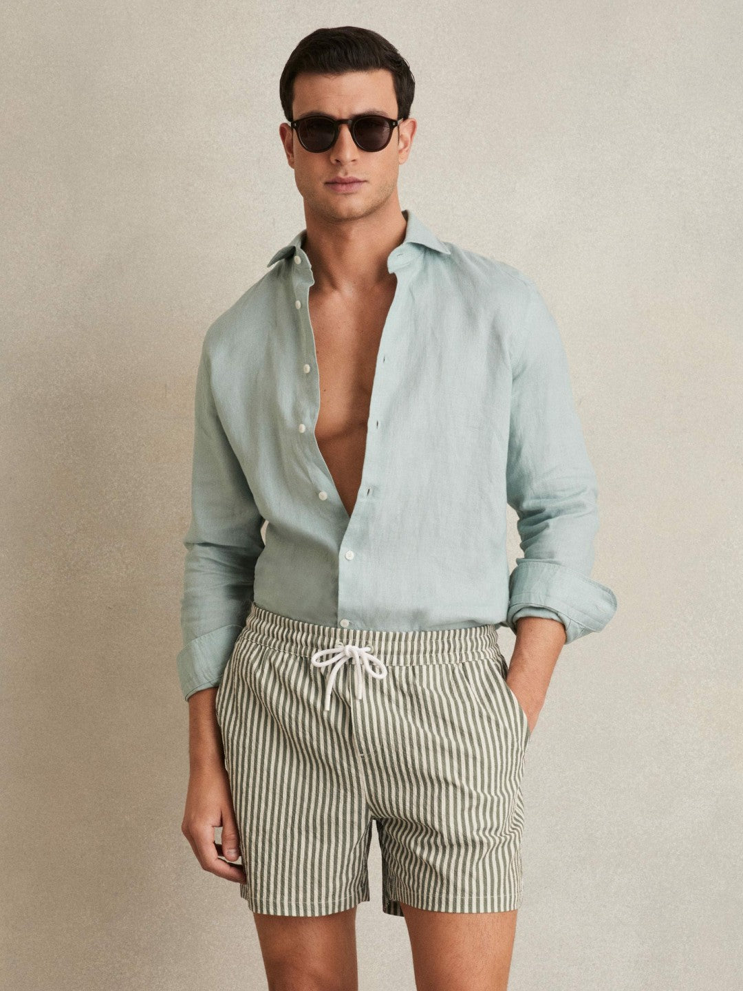Seersucker Stripe Swim Shorts in Sage/White Men | Reiss