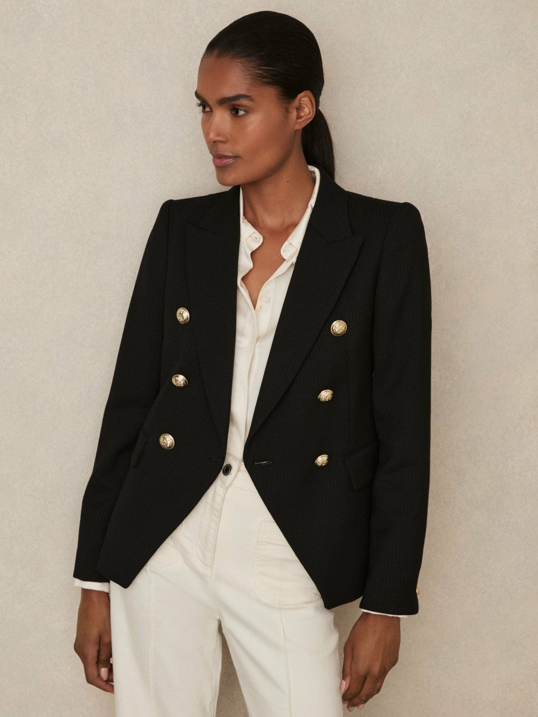 Petite Tailored Fit Textured Double Breasted Blazer in Black Women | Reiss