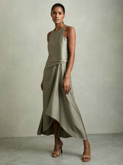 Satin Drape Tuck Midi Dress in Khaki Women | Reiss
