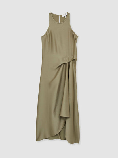 Satin Drape Tuck Midi Dress in Khaki Women | Reiss
