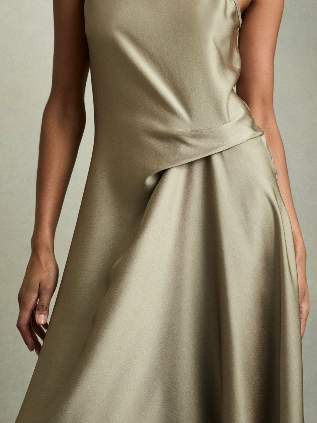 Satin Drape Tuck Midi Dress in Khaki Women | Reiss
