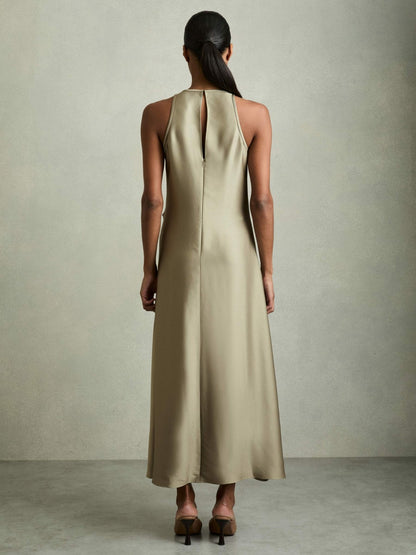 Satin Drape Tuck Midi Dress in Khaki Women | Reiss