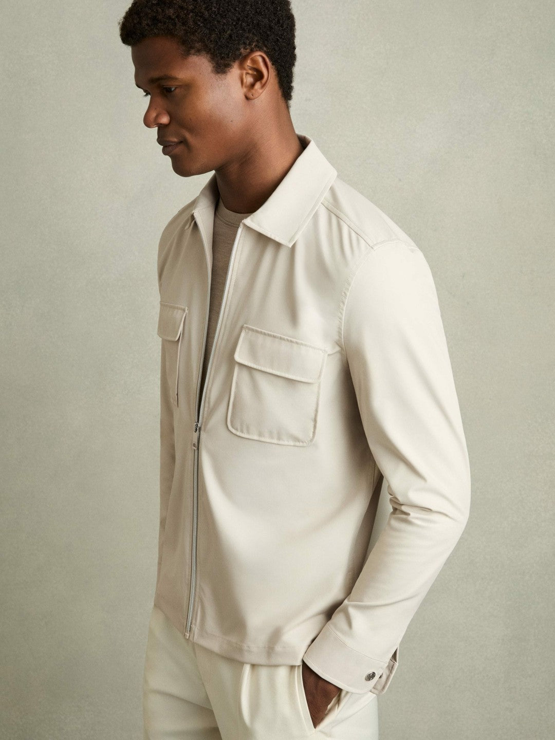 Technical Zip-Through Overshirt in Stone Men | Reiss