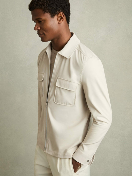 Technical Zip-Through Overshirt in Stone Men | Reiss