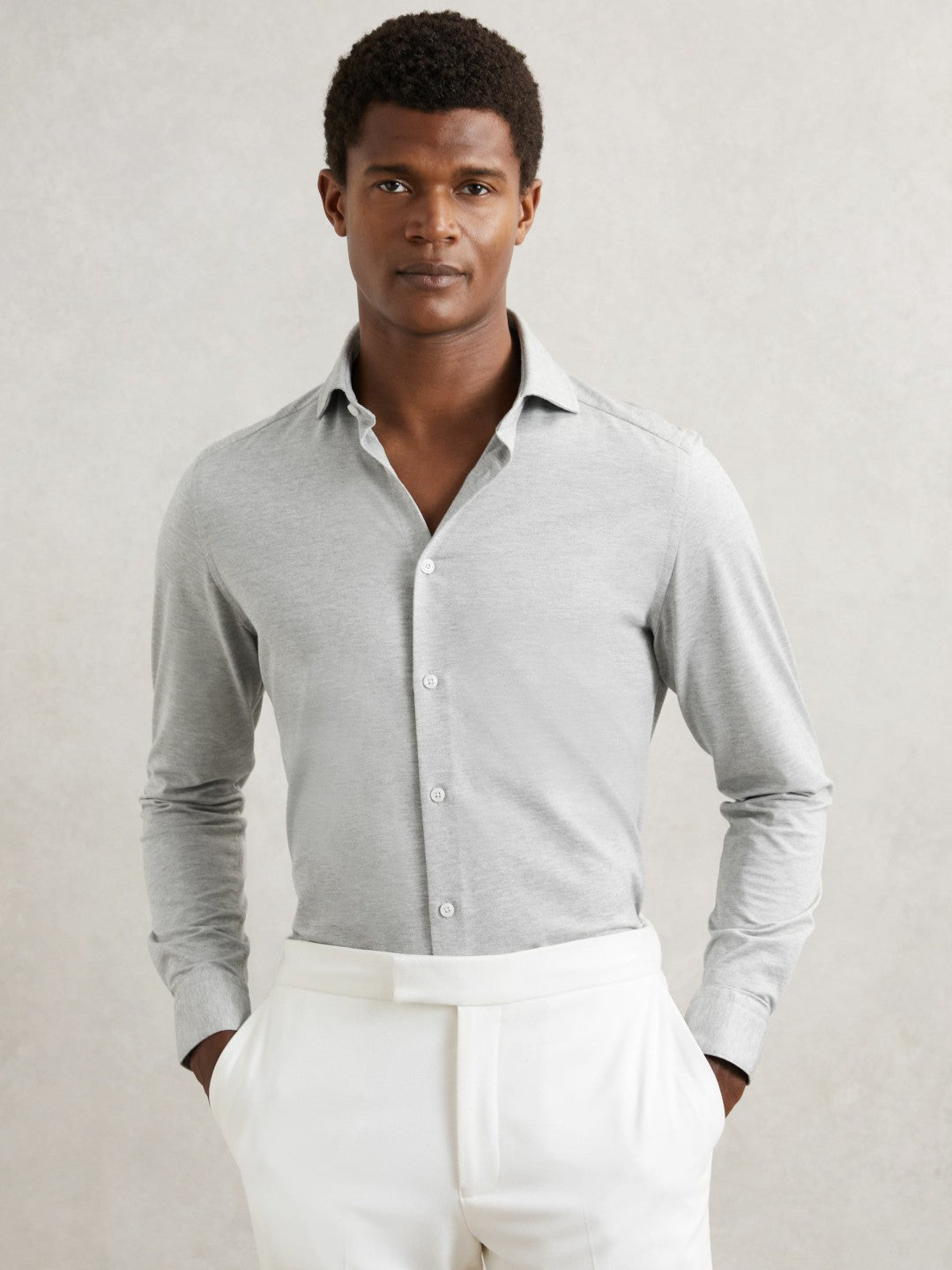 Cotton-Blend Jersey Cutaway-Collar Shirt in Grey Melange Men | Reiss