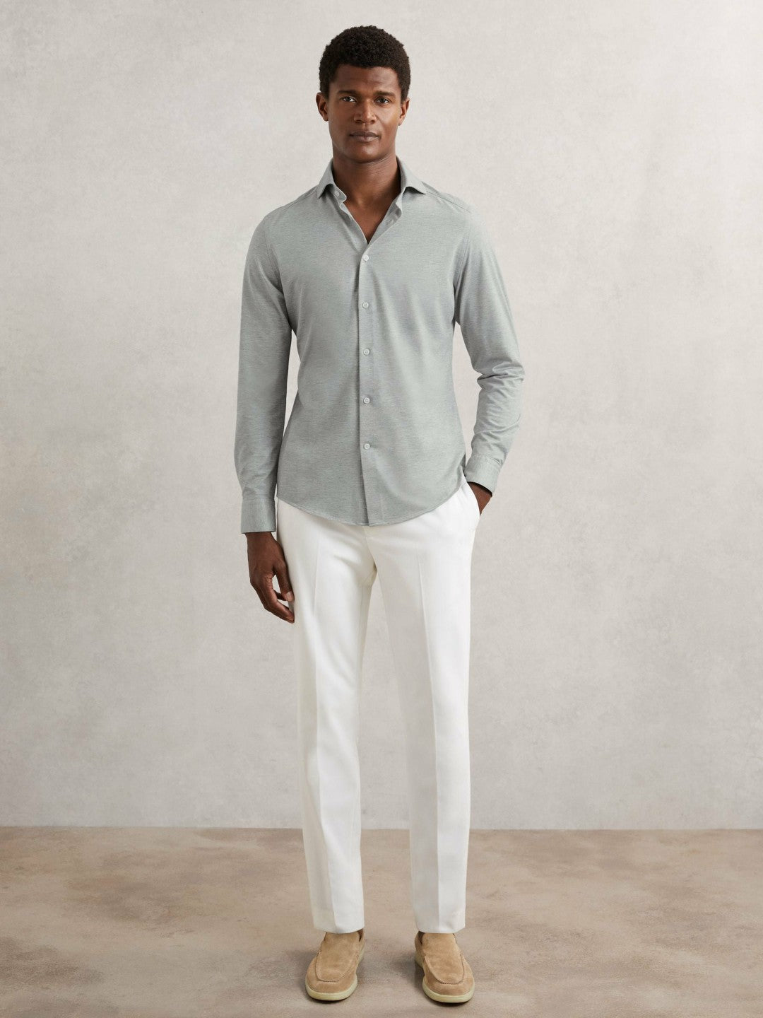 Cotton-Blend Jersey Cutaway-Collar Shirt in Grey Melange Men | Reiss