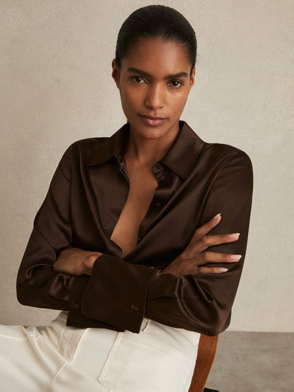 Silk Double-Cuff Button-Through Shirt in Chocolate Women | Reiss