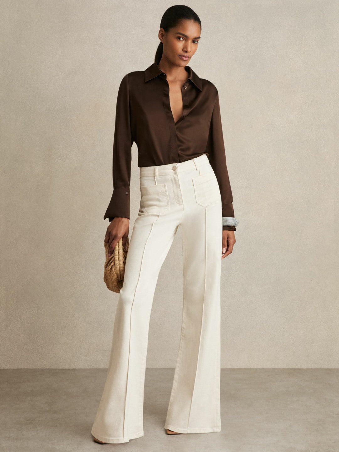 Silk Double-Cuff Button-Through Shirt in Chocolate Women | Reiss
