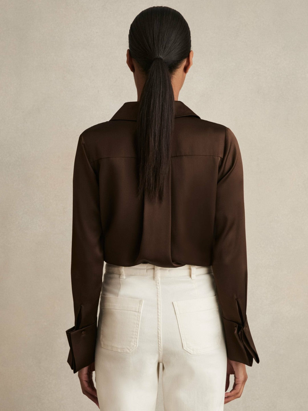 Silk Double-Cuff Button-Through Shirt in Chocolate Women | Reiss