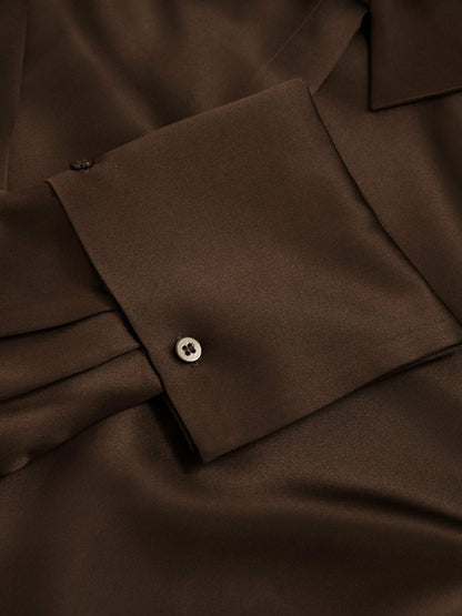 Silk Double-Cuff Button-Through Shirt in Chocolate Women | Reiss