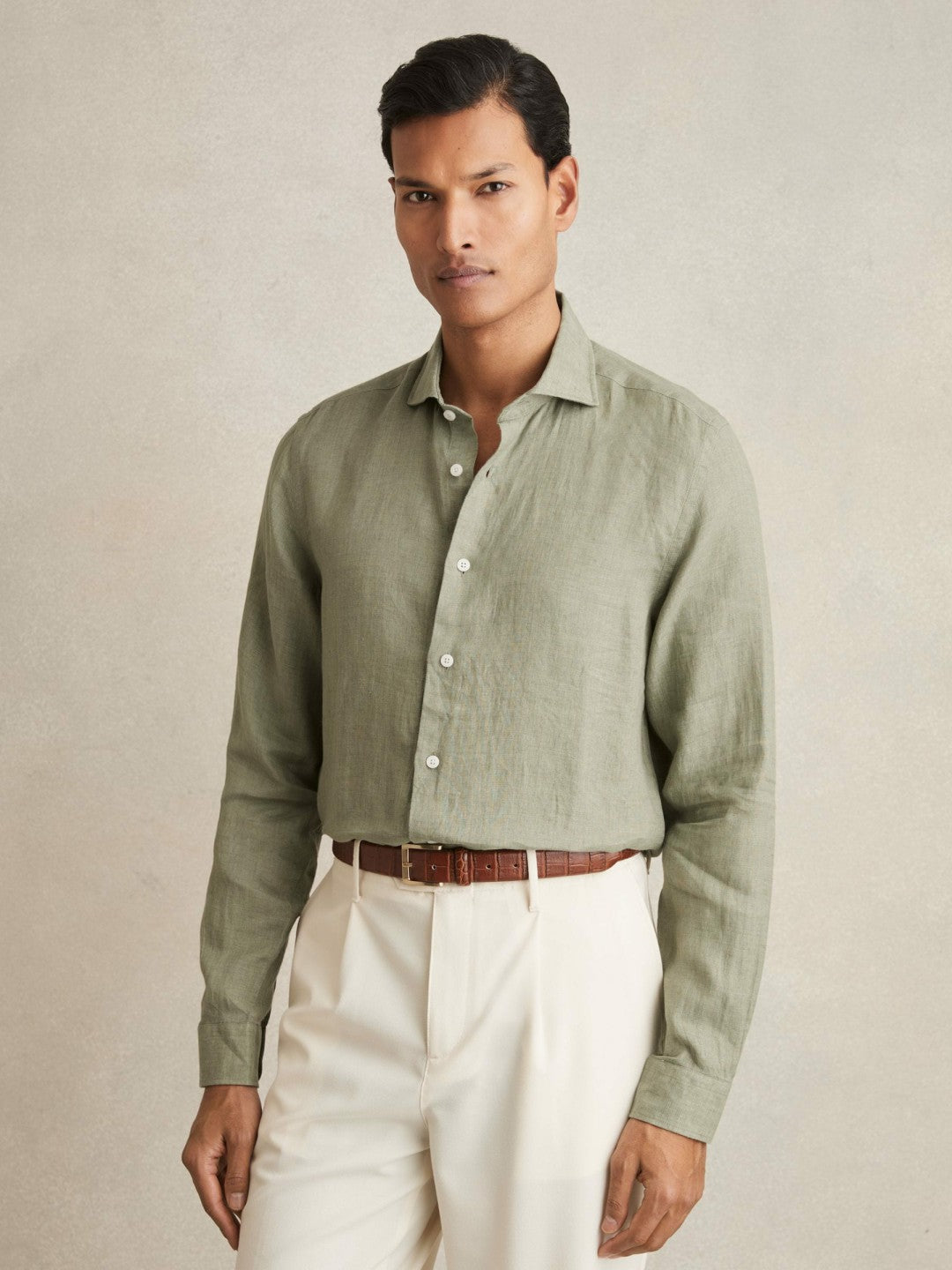 Linen Button-Through Shirt in Thyme Green Men | Reiss