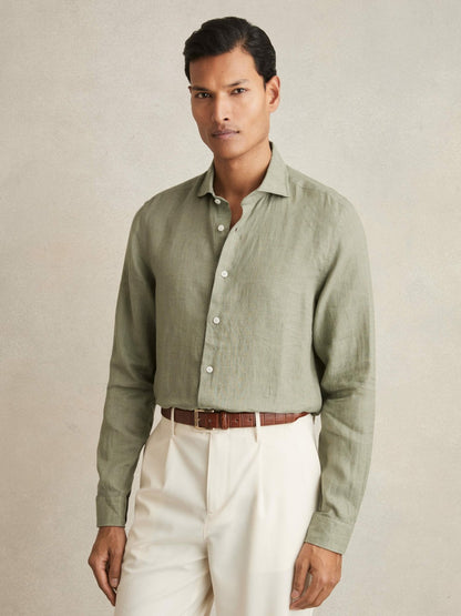 Linen Button-Through Shirt in Thyme Green Men | Reiss