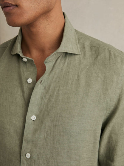 Linen Button-Through Shirt in Thyme Green Men | Reiss
