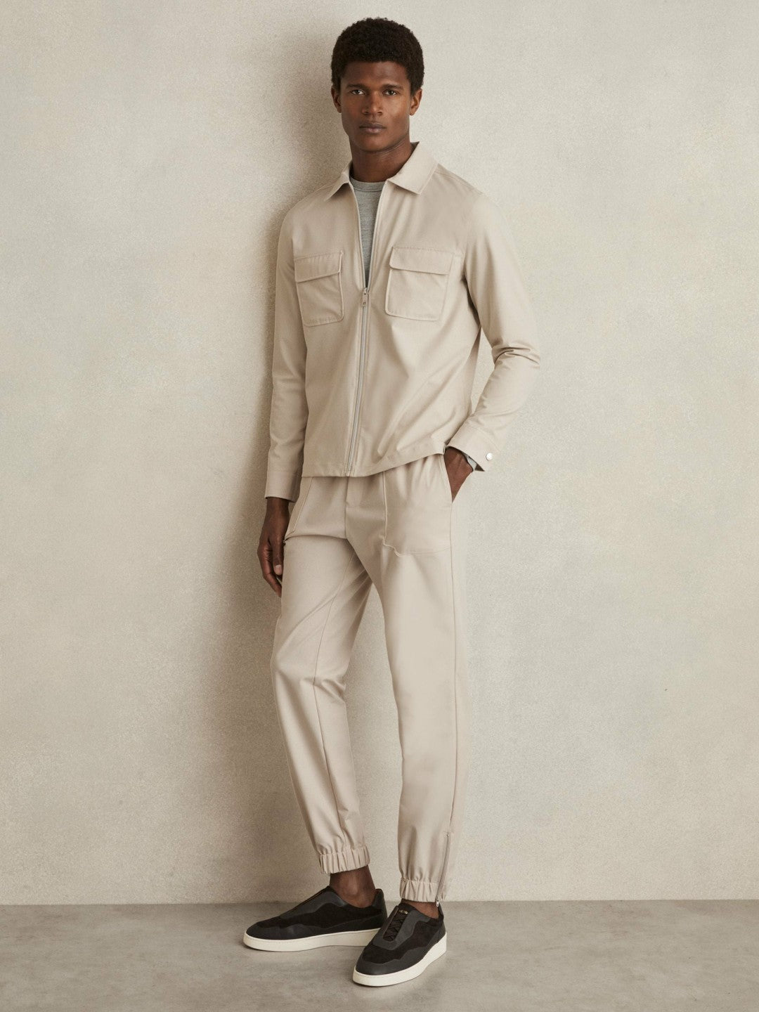 Drawstring Technical Cuffed Trousers in Stone Men | Reiss