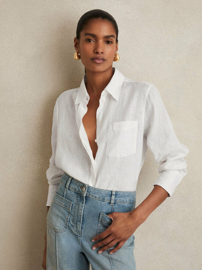 Linen Button-Through Shirt in White Women | Reiss