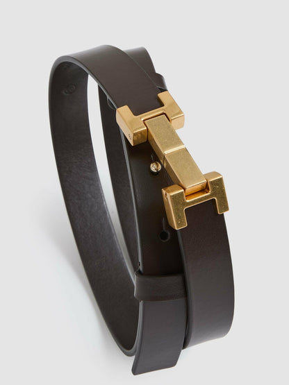 Leather Square Hinge Belt in Chocolate Women | Reiss