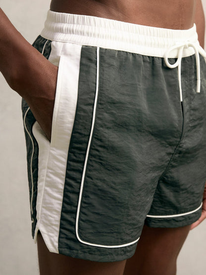 Colour-Block Piped-Trim Swim Shorts in Dark Green/White Men | Reiss