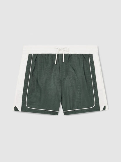 Colour-Block Piped-Trim Swim Shorts in Dark Green/White Men | Reiss