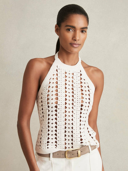 Cotton Crochet Halterneck Vest Top in White Women | Reiss