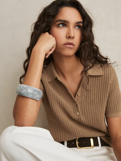 Cotton-Blend Open-Knit Polo Shirt in Tan Women | Reiss