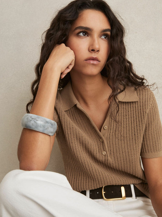 Cotton-Blend Open-Knit Polo Shirt in Tan Women | Reiss