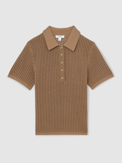 Cotton-Blend Open-Knit Polo Shirt in Tan Women | Reiss