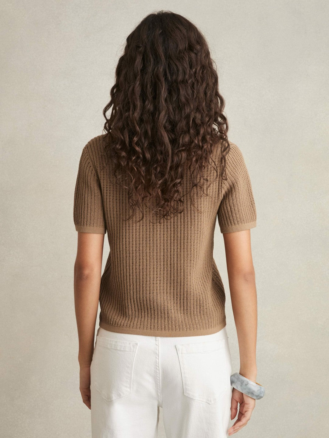Cotton-Blend Open-Knit Polo Shirt in Tan Women | Reiss