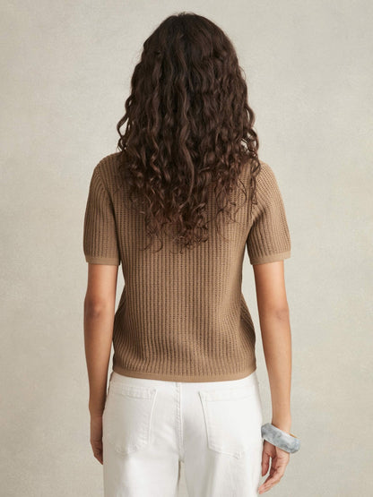 Cotton-Blend Open-Knit Polo Shirt in Tan Women | Reiss