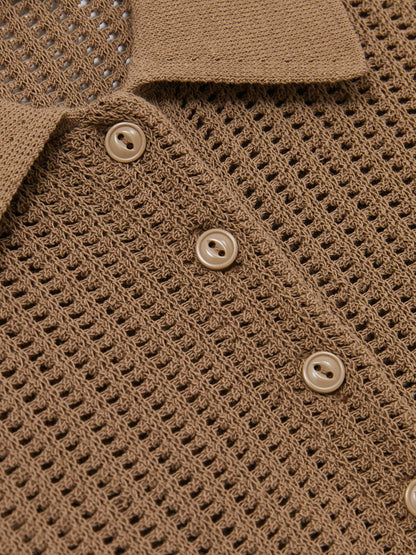 Cotton-Blend Open-Knit Polo Shirt in Tan Women | Reiss