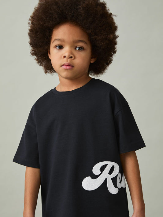 9-13 yrs Cotton Script-Logo Oversized T-Shirt in Navy Children & Baby | Reiss