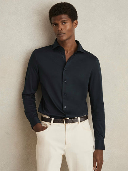 Cotton-Jersey Button-Through Shirt in Navy Men | Reiss