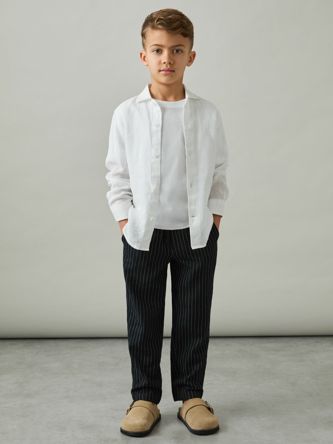 Linen-Blend Drawstring Trousers in Navy Stripe Children & Baby | Reiss