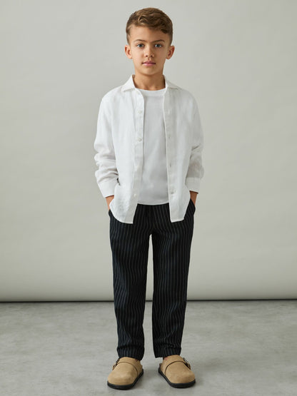 Linen-Blend Drawstring Trousers in Navy Stripe Children & Baby | Reiss