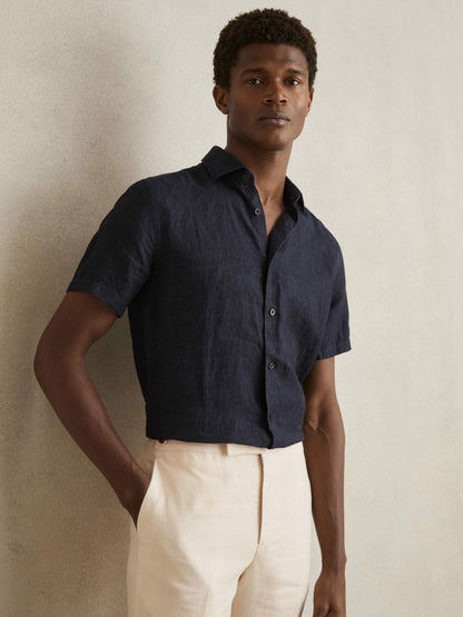 Slim Fit Linen Button-Through Shirt in Navy Men | Reiss
