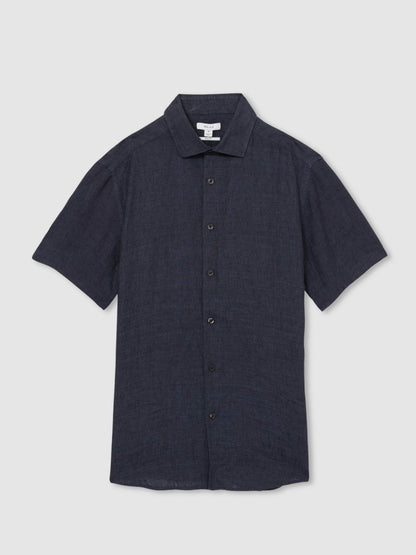 Slim Fit Linen Button-Through Shirt in Navy Men | Reiss