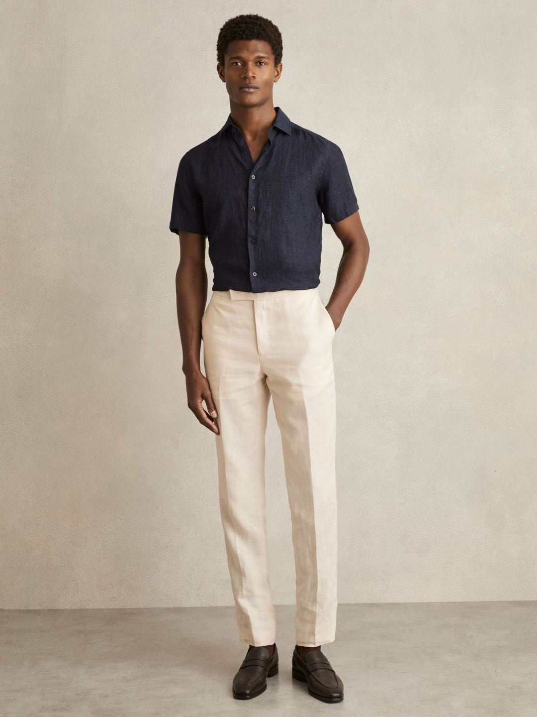 Slim Fit Linen Button-Through Shirt in Navy Men | Reiss