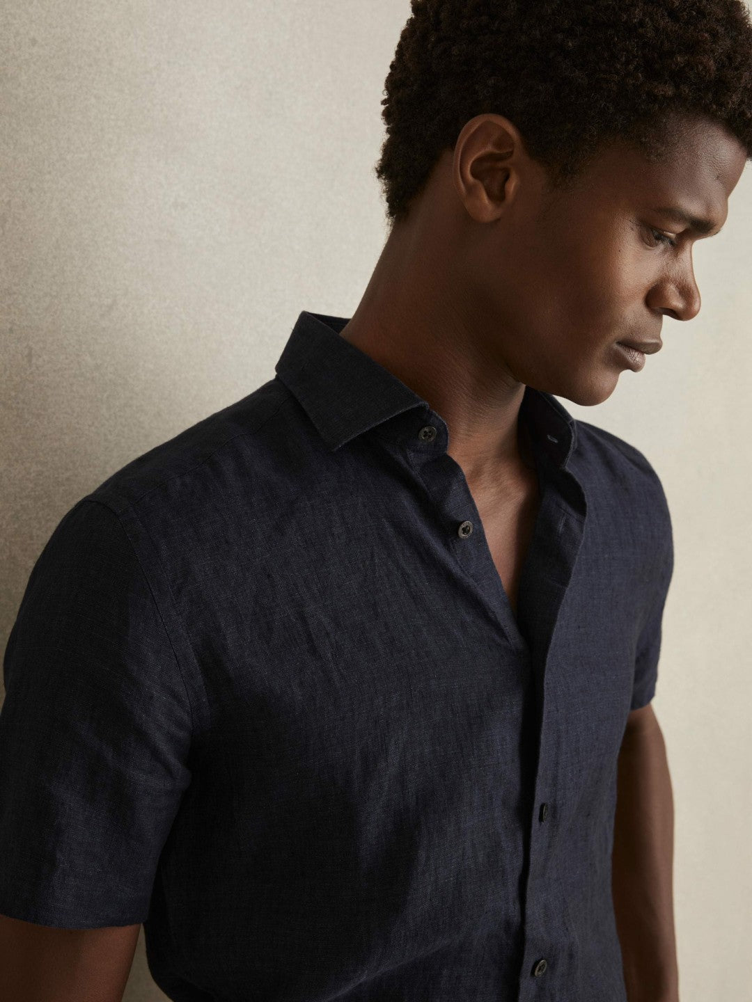 Slim Fit Linen Button-Through Shirt in Navy Men | Reiss