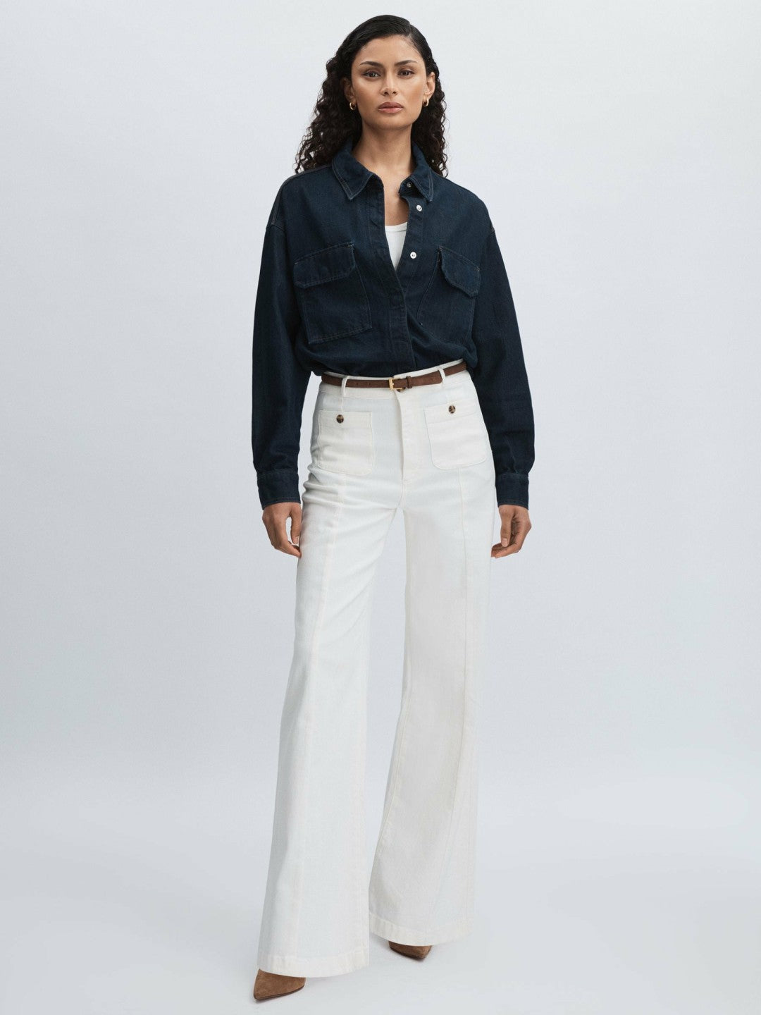 Paige Wide-Leg Patch Pocket Jeans in Ecru Women | Reiss