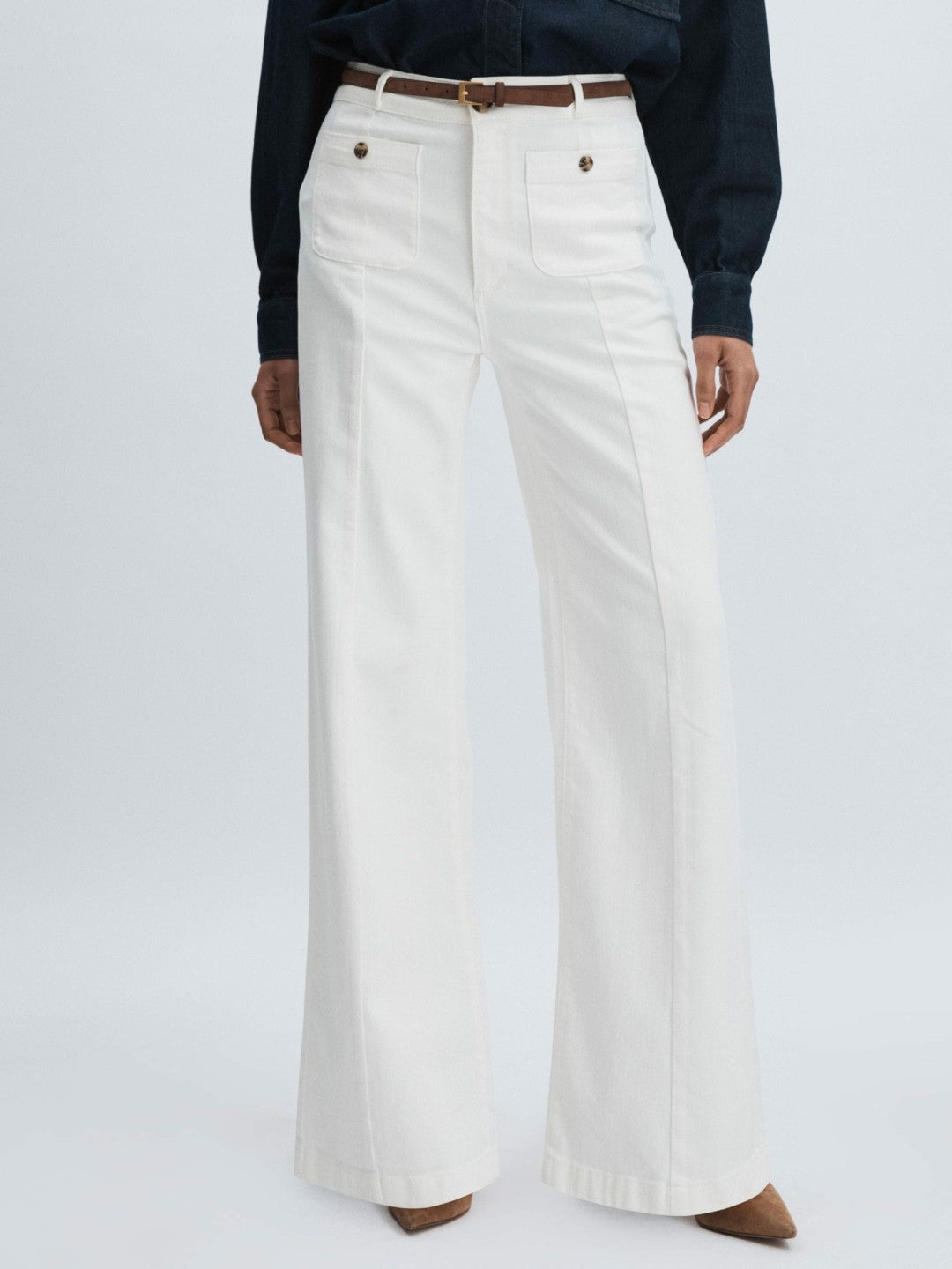 Paige Wide-Leg Patch Pocket Jeans in Ecru Women | Reiss