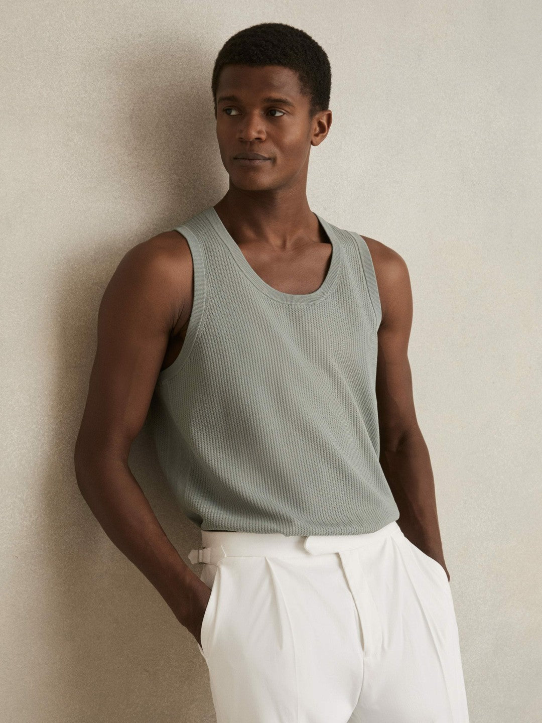 Textured Crew Neck Ribbed Vest in Sage Green Men | Reiss
