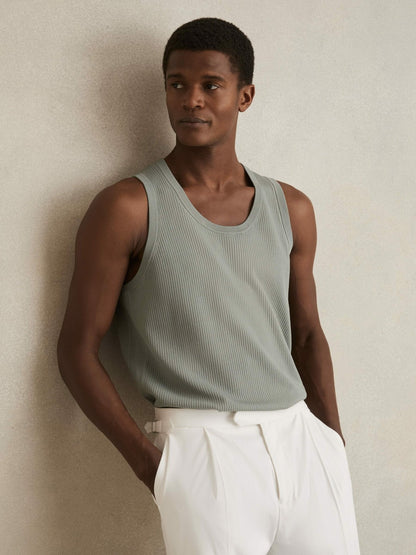 Textured Crew Neck Ribbed Vest in Sage Green Men | Reiss