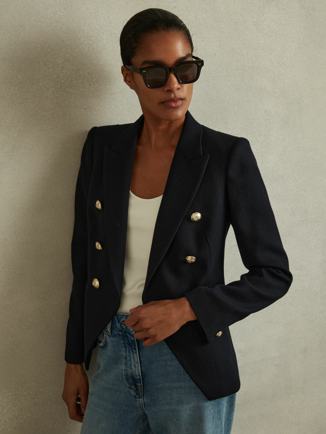 Tailored Fit Textured Double Breasted Blazer in Navy Women | Reiss