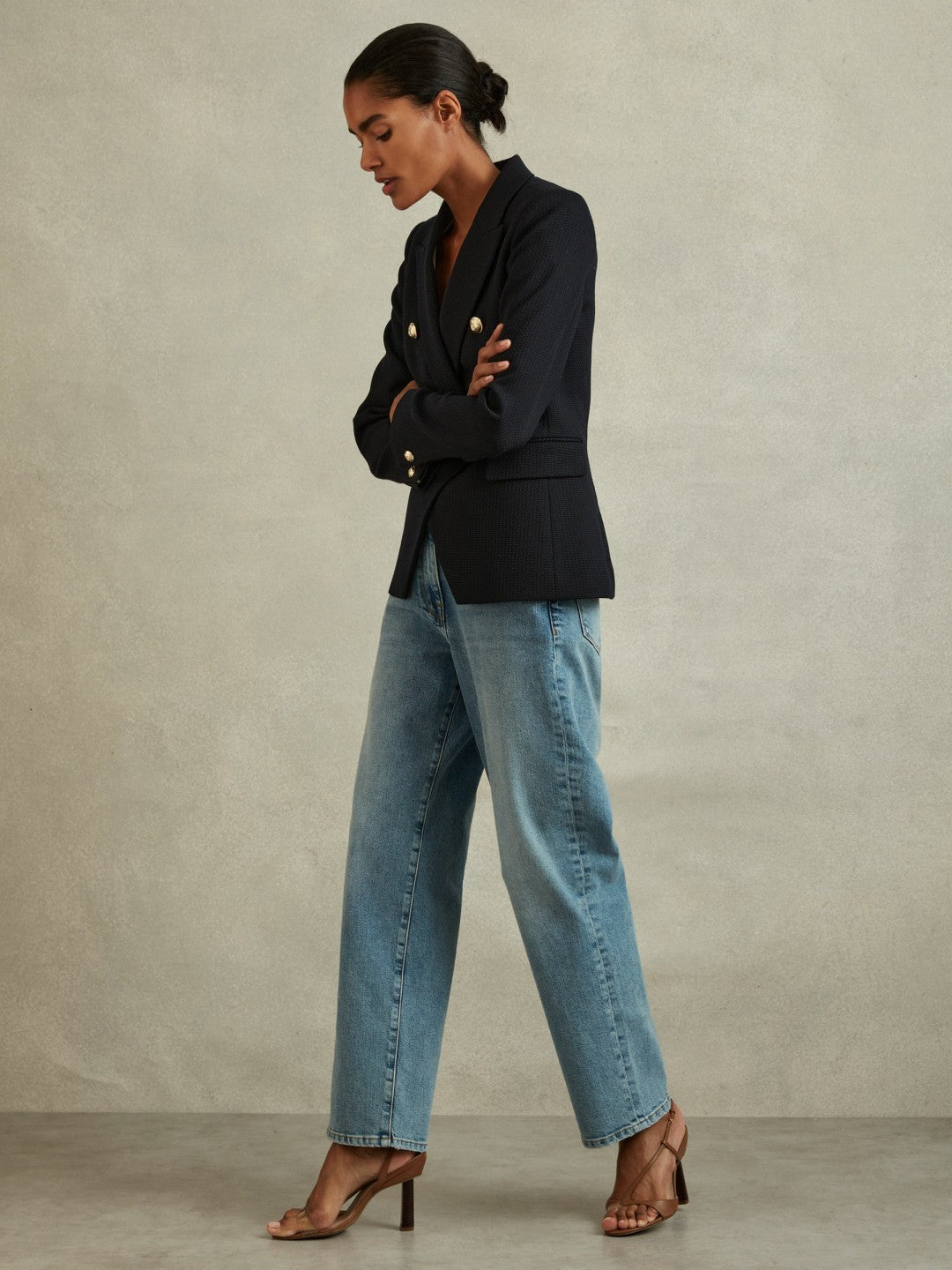 Tailored Fit Textured Double Breasted Blazer in Navy Women | Reiss