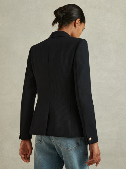 Tailored Fit Textured Double Breasted Blazer in Navy Women | Reiss