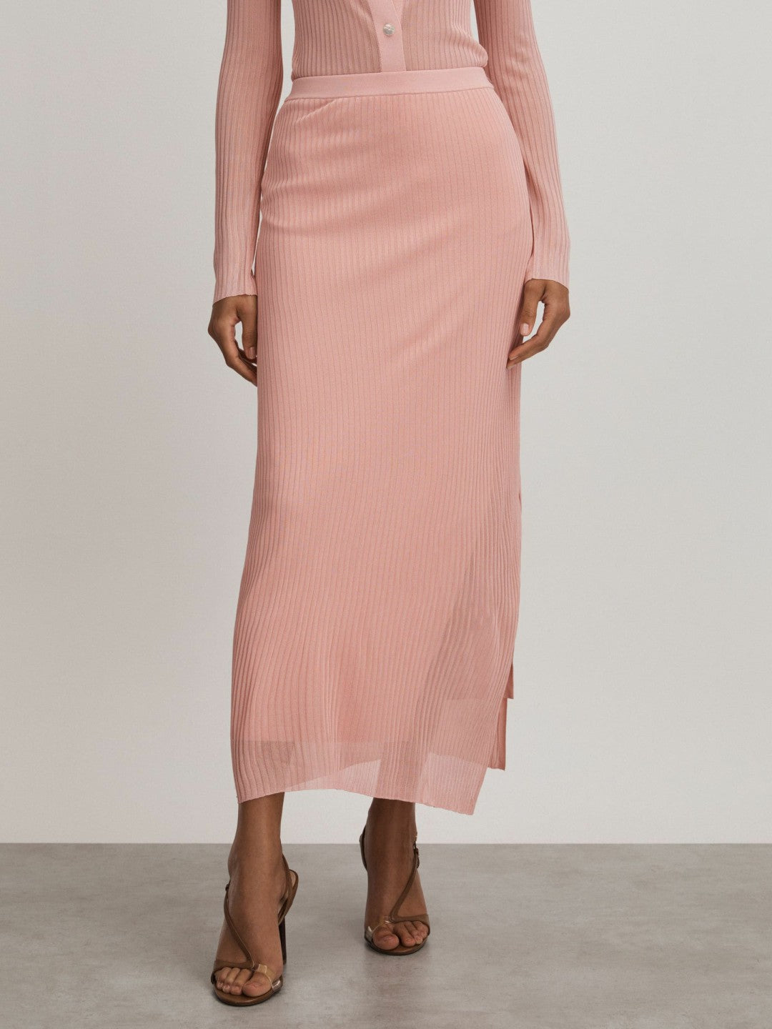 Carrie Pink Anna Quan Sheer Ribbed Knitted Midi Skirt Women | Reiss