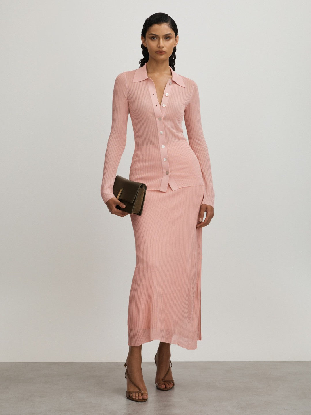 Carrie Pink Anna Quan Sheer Ribbed Knitted Midi Skirt Women | Reiss