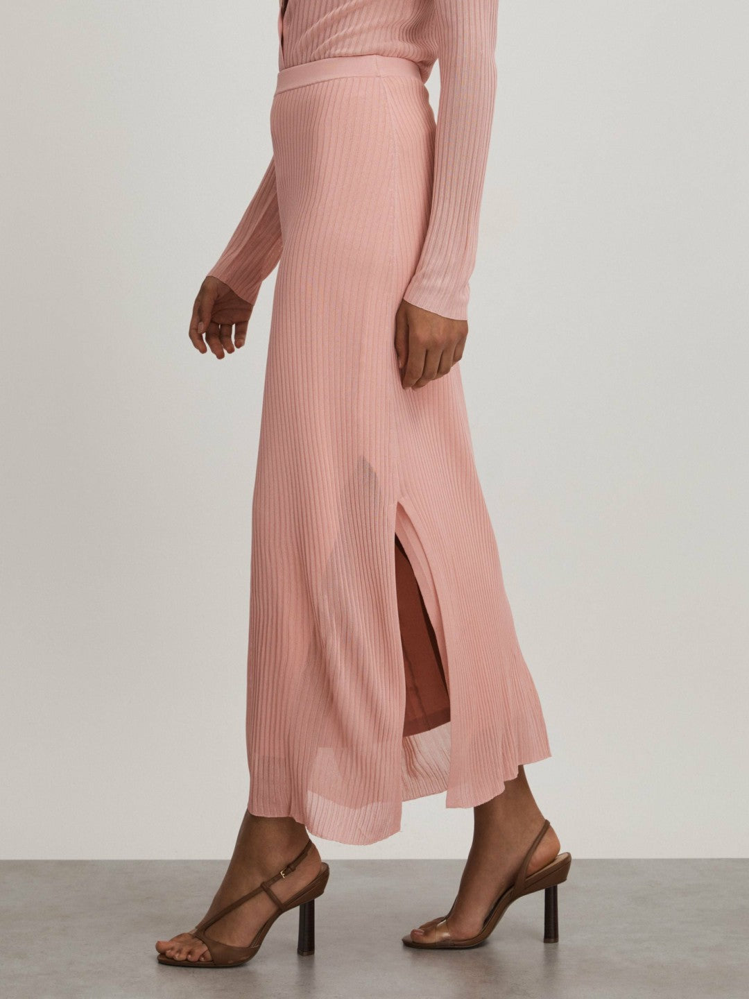 Carrie Pink Anna Quan Sheer Ribbed Knitted Midi Skirt Women | Reiss
