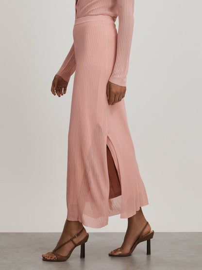 Carrie Pink Anna Quan Sheer Ribbed Knitted Midi Skirt Women | Reiss