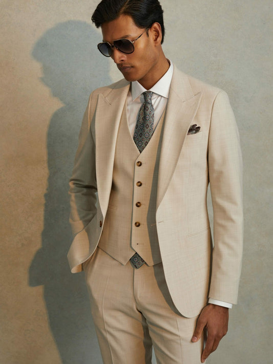 Slim Fit Single Breasted Waistcoat in Stone Men | Reiss