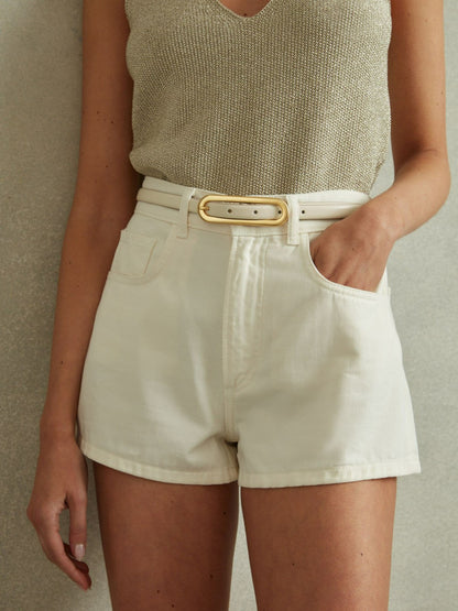 Thin Leather Elongated Buckle Belt in Off White Women | Reiss